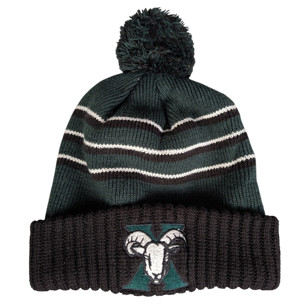 Richardson Green Black Striped Knit Pom Beanie Hat Ram‎ Mascot Embroidered Logo